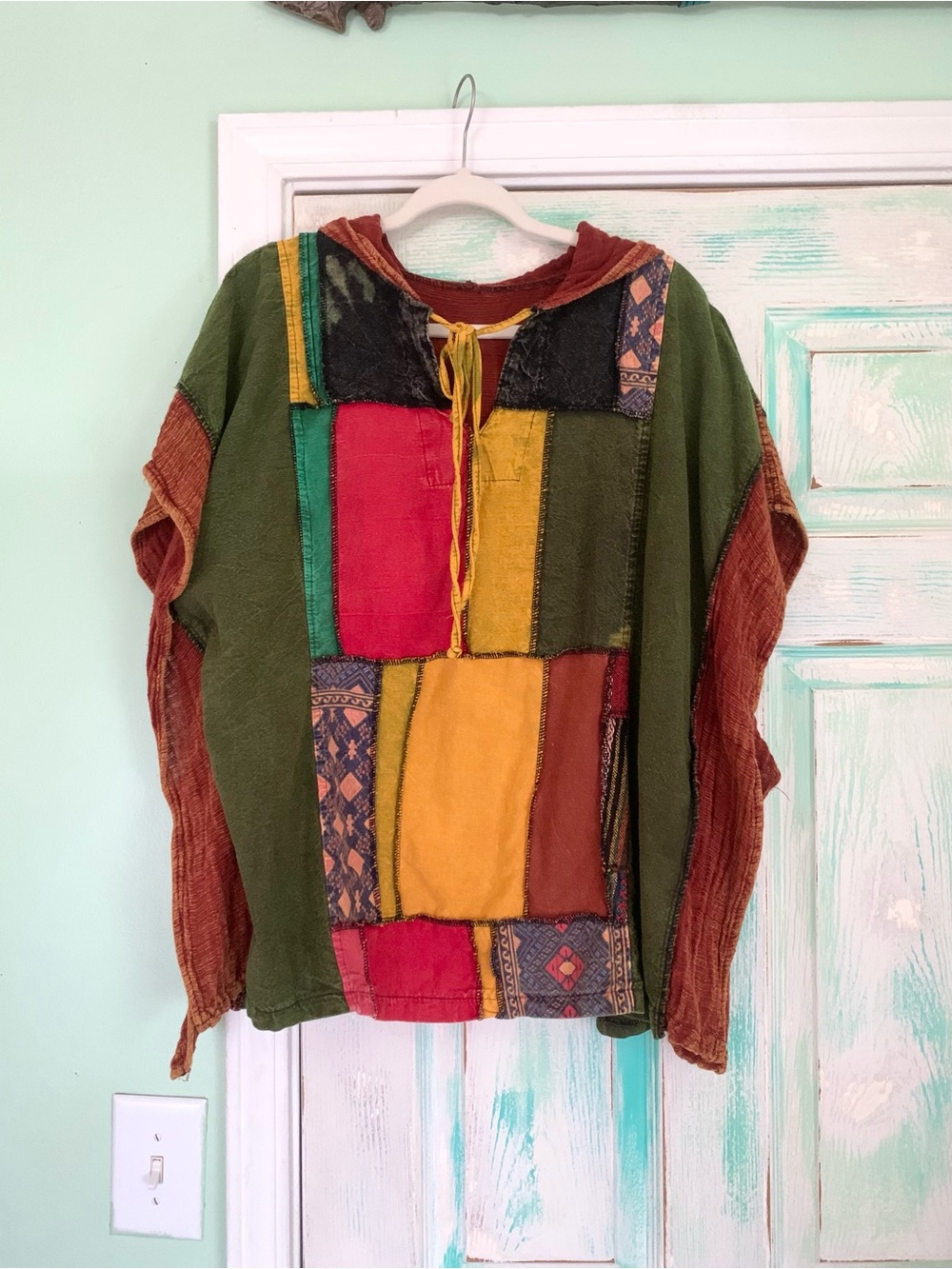 Multicolored Patchwork Festival Kantha Style Batwing Poncho Blouse